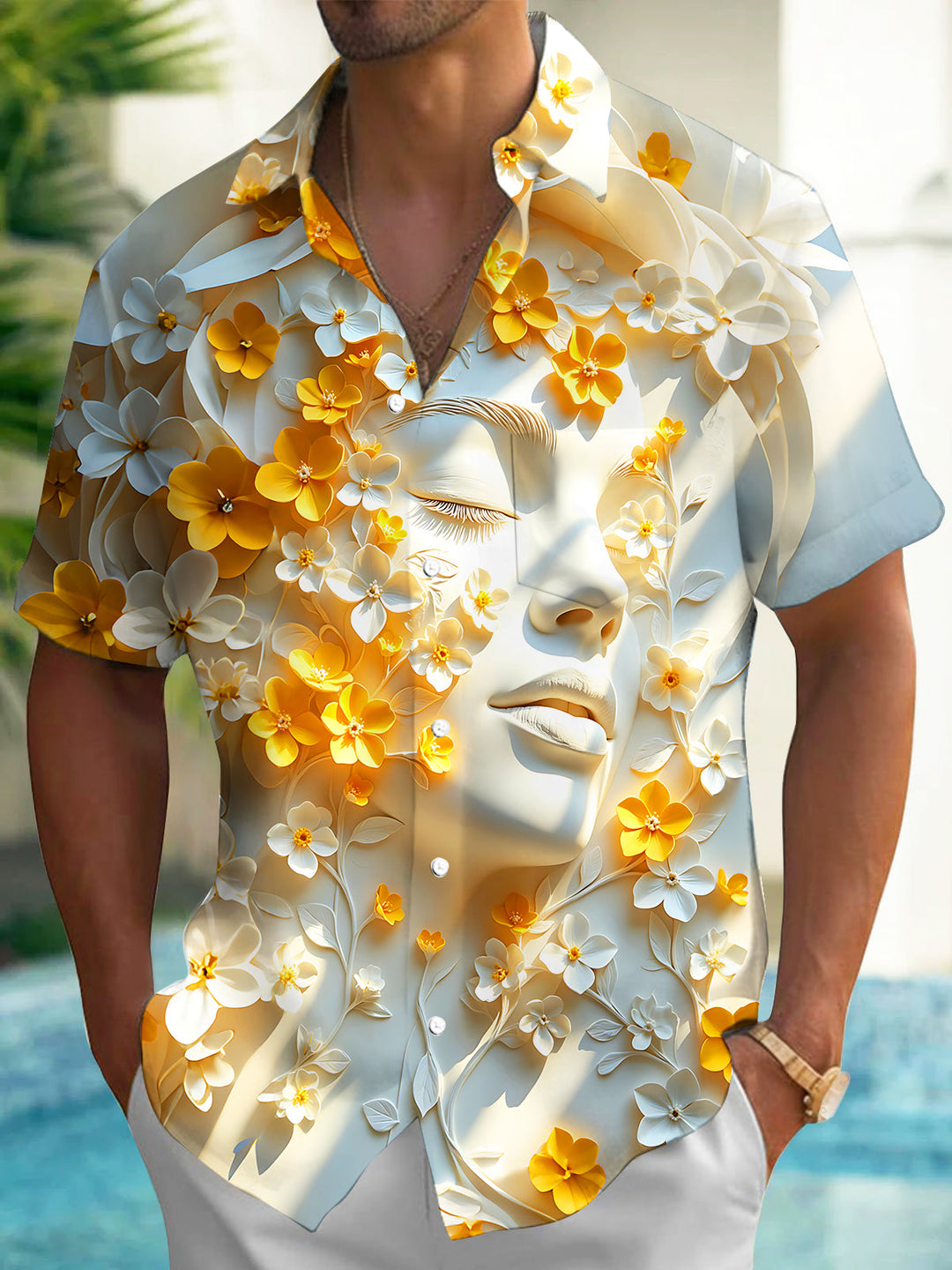 Oceanlyte Men's 3D 3D Relief Face Portrait Print Short Sleeve Shirt with Chest Pocket