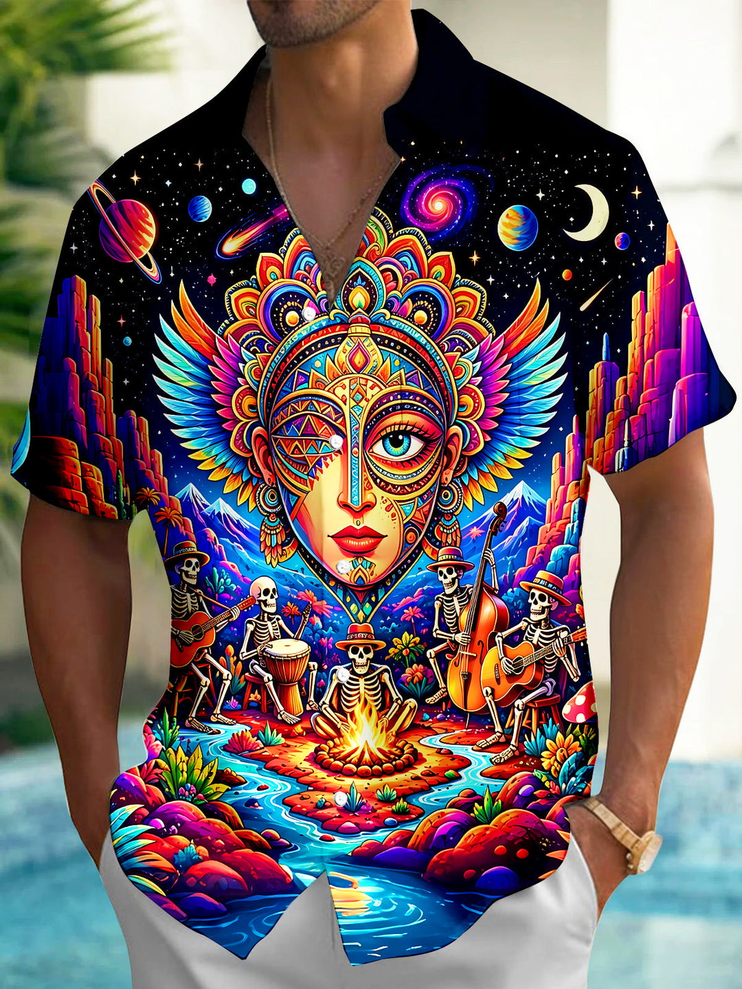 Oceanlyte Men's Graphic Psychedelic Space Face Print Short Sleeve Shirt with Chest Pocket