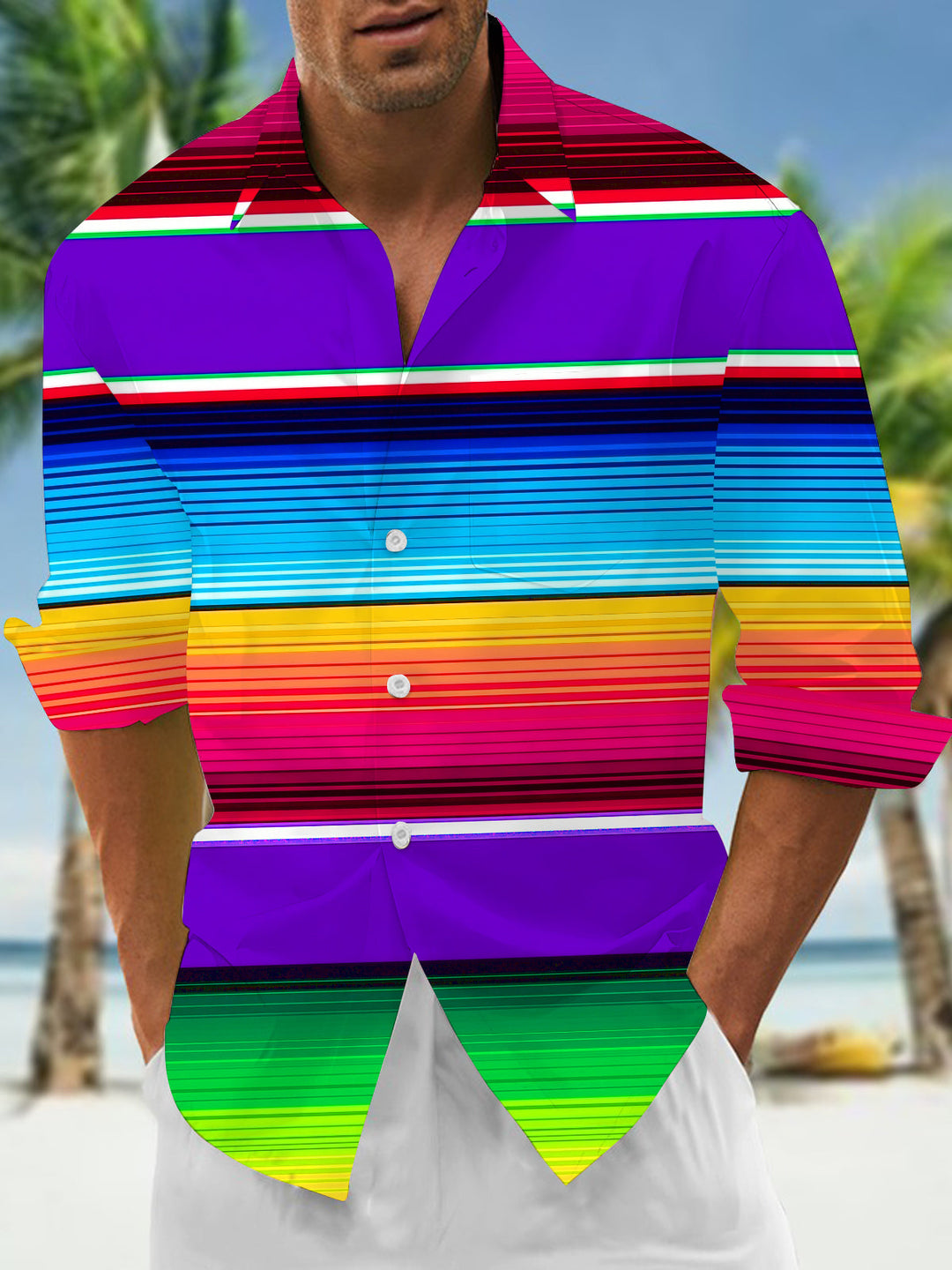 Oceanlyte Men's Colorful Gradient Stripes Print Long Sleeve Shirt with Chest Pocket