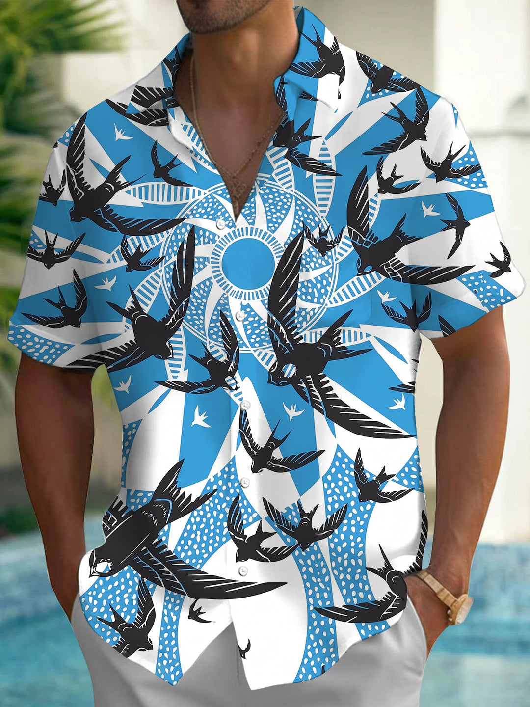 Oceanlyte Men's Geometric Swallow Birds Print Short Sleeve Shirt with Chest Pocket
