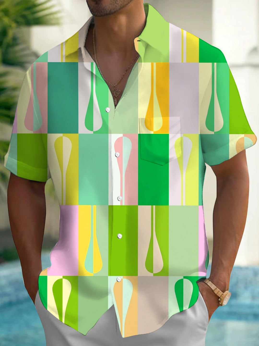Oceanlyte Men's Water Drop Geometric Plaid Print Short Sleeve Shirt with Chest Pocket