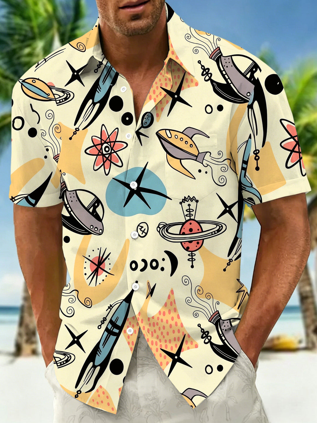 Oceanlyte Men's Retro Space Rockets Print Short Sleeve Shirt with Chest Pocket
