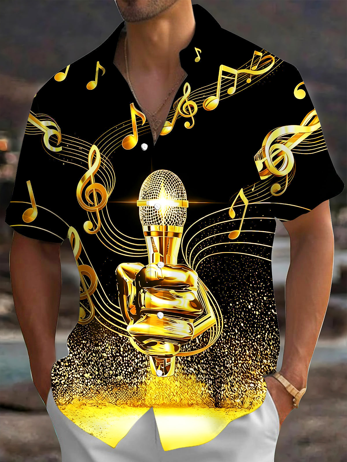 Oceanlyte Men's Graphic Golden Microphone Print Short Sleeve Shirt with Chest Pocket
