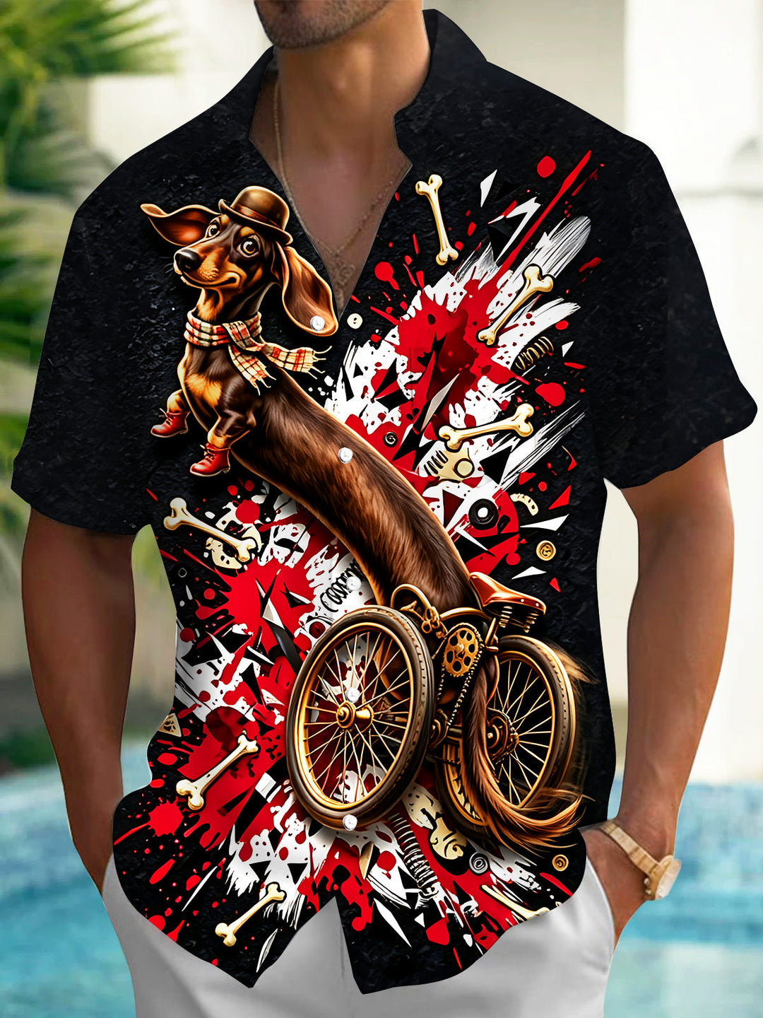 Oceanlyte Men's Graphic Dachshund Dog Print Short Sleeve Shirt with Chest Pocket