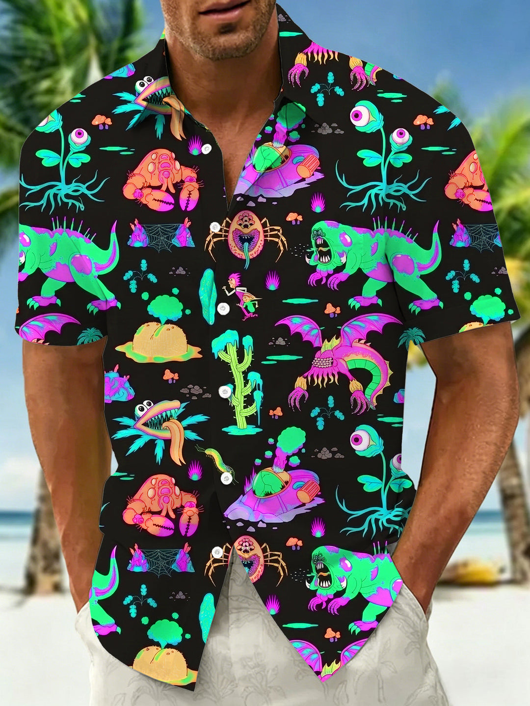 Oceanlyte Men's Hawaiian Neon Alien Monsters Print Short Sleeve Shirt with Chest Pocket