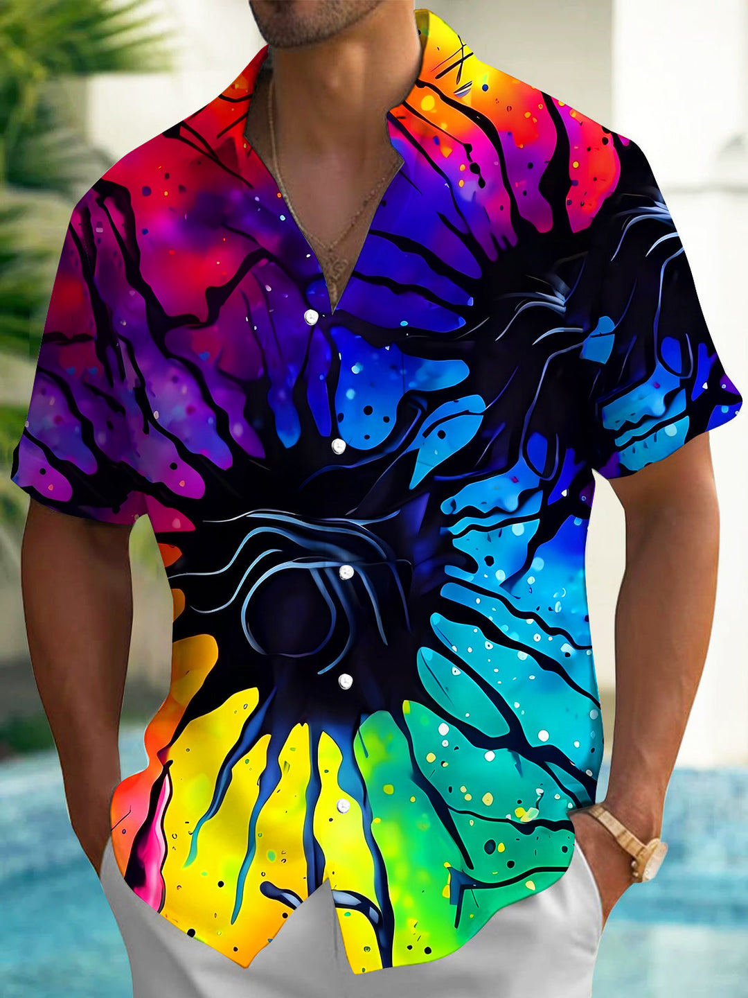 Oceanlyte Men's Colorful Abstract Fluid Pattern Short Sleeve Shirt with Chest Pocket