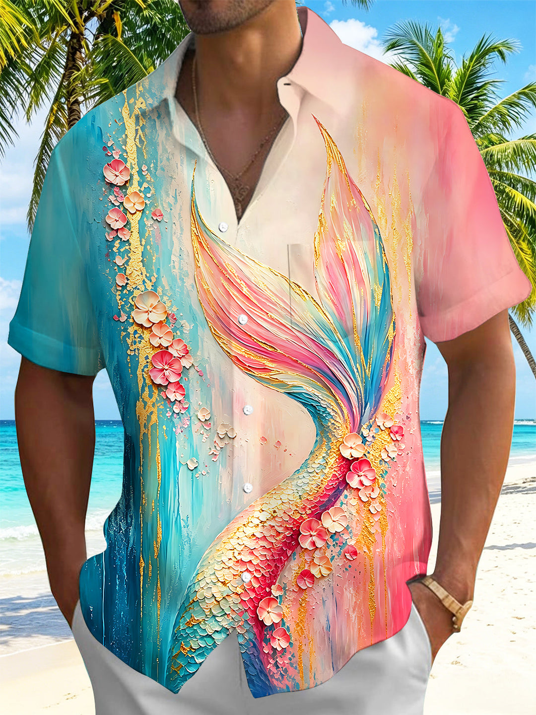 Oceanlyte Men's Hawaiian Mermaid Tail Print Short Sleeve Shirt with Chest Pocket