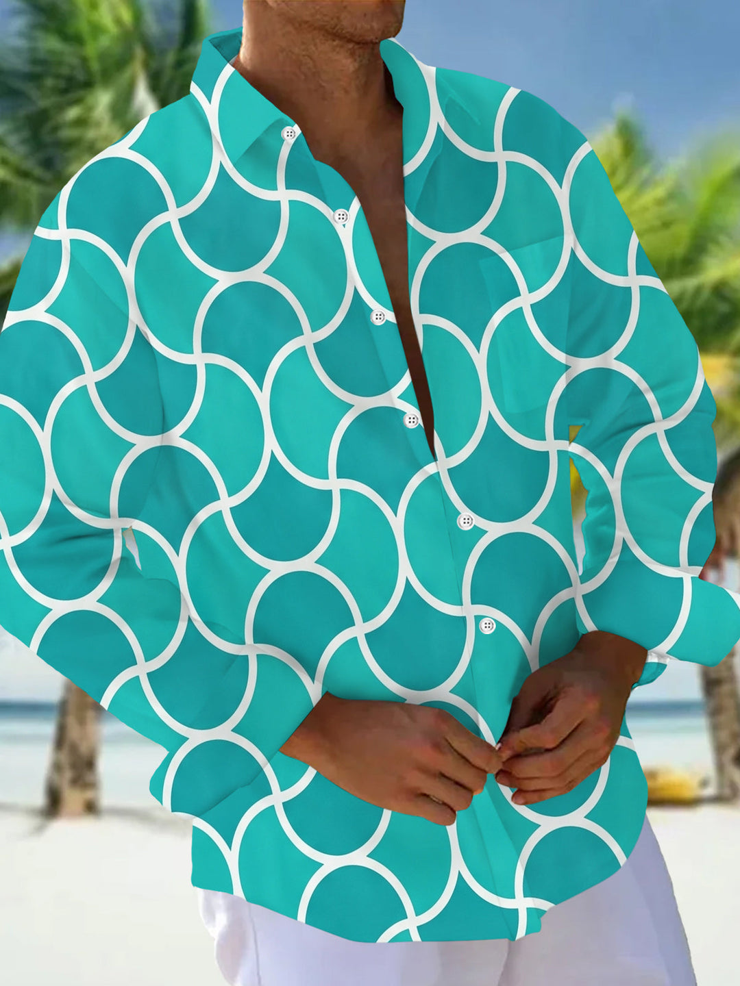 Oceanlyte Men's Interlocking Circles Pattern Long Sleeve Shirt with Chest Pocket