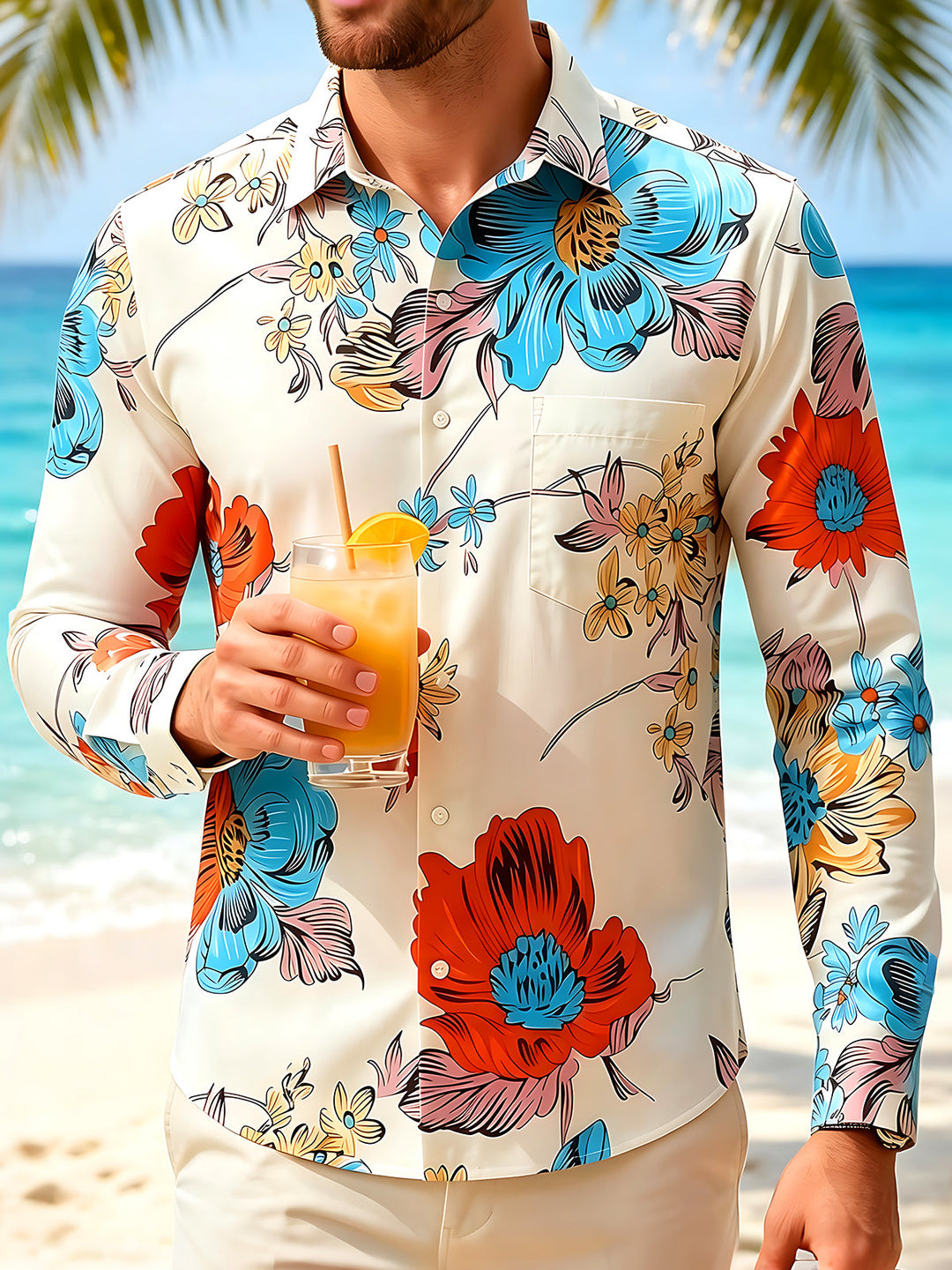 Oceanlyte Men's Hawaiian Large Floral Print Long Sleeve Shirt with Chest Pocket