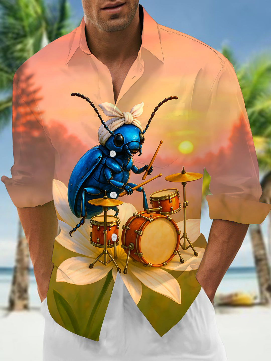 Oceanlyte Men's Hawaiian Blue Beetle Drummer Print Long Sleeve Shirt with Chest Pocket