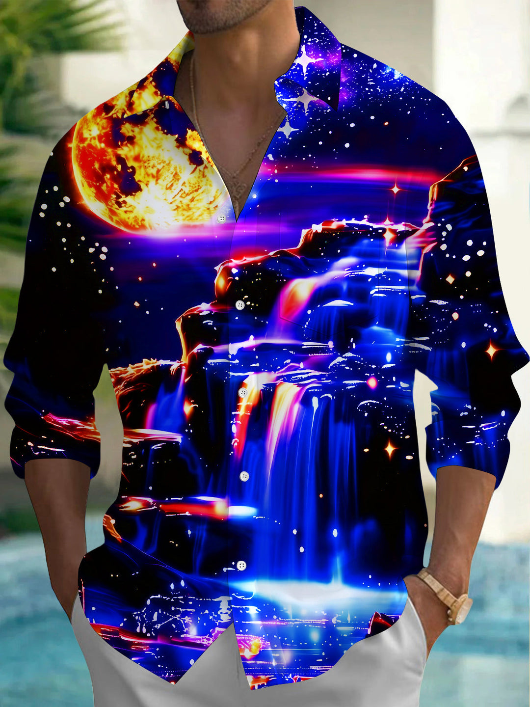 Oceanlyte Men's Graphic Neon Moon Print Long Sleeve Shirt with Chest Pocket