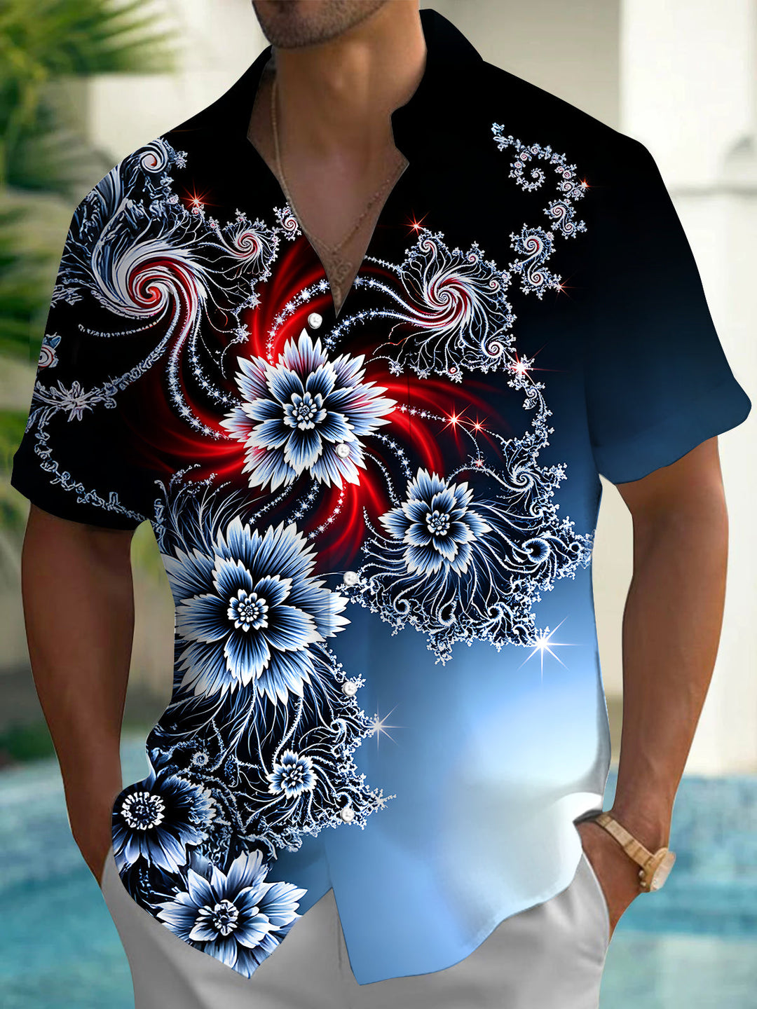 Oceanlyte Men's Printed Fractal Floral Swirl Print Short Sleeve Shirt with Chest Pocket