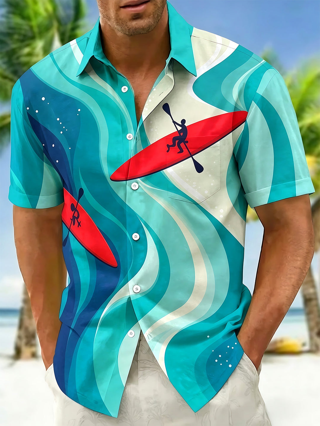 Oceanlyte Men's Hawaiian Kayak Silhouette Print Short Sleeve Shirt with Chest Pocket