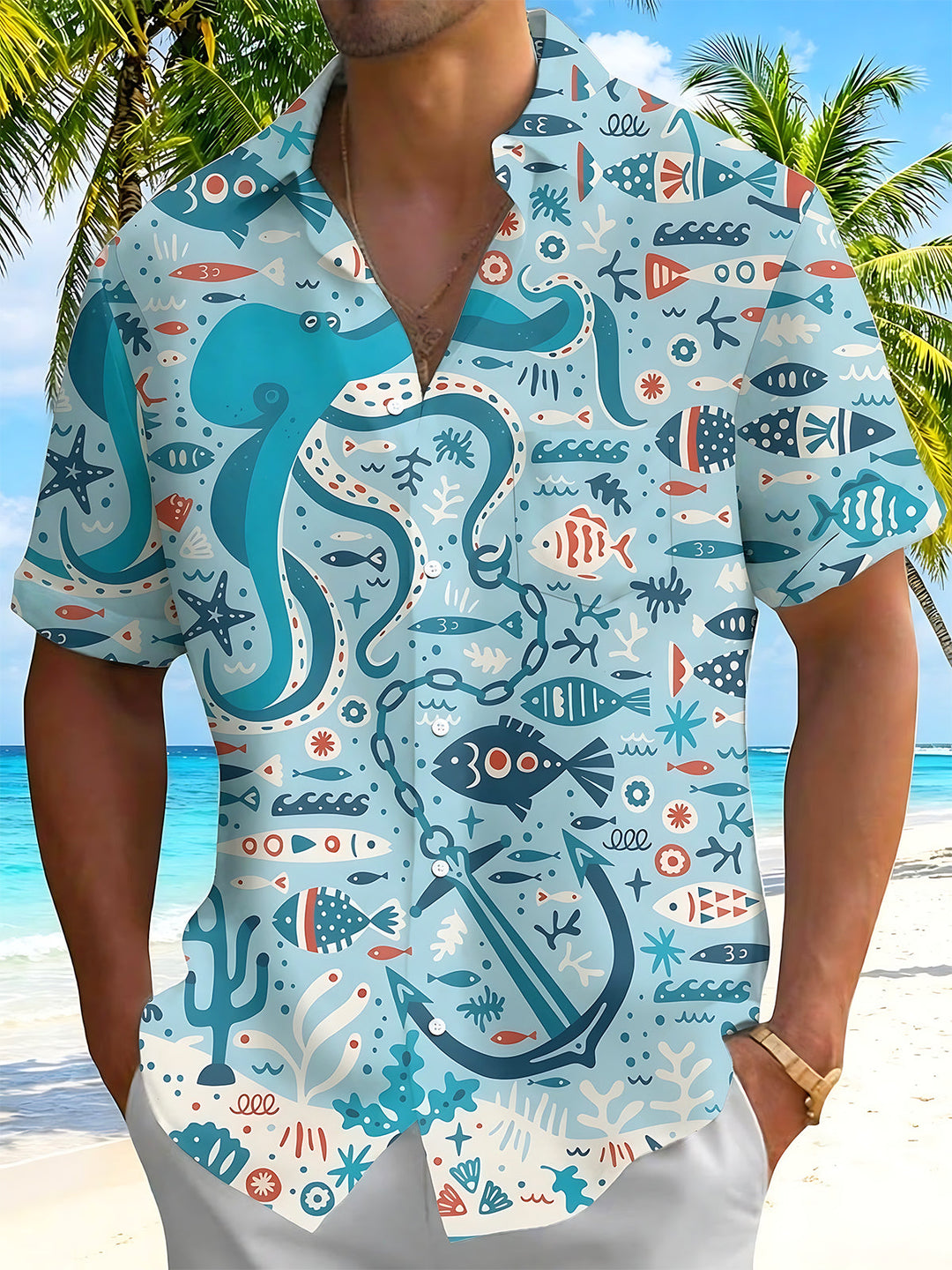 Oceanlyte Men's Hawaiian Octopus And Anchor Print Short Sleeve Shirt with Chest Pocket