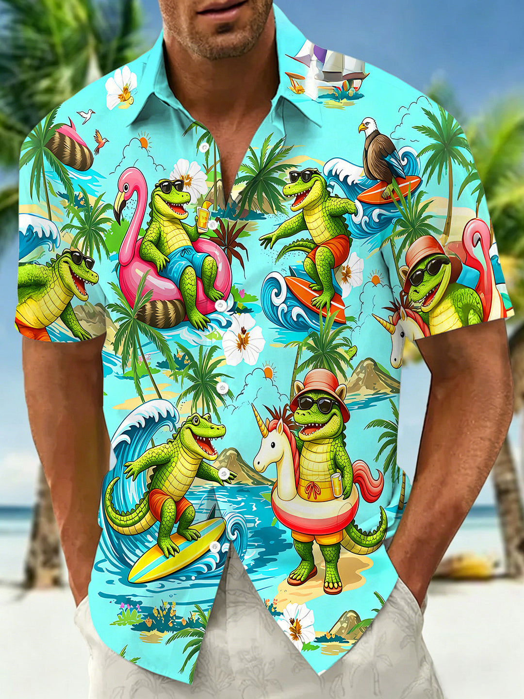 Oceanlyte Men's Hawaiian Surfing Crocodiles Print Short Sleeve Shirt with Chest Pocket
