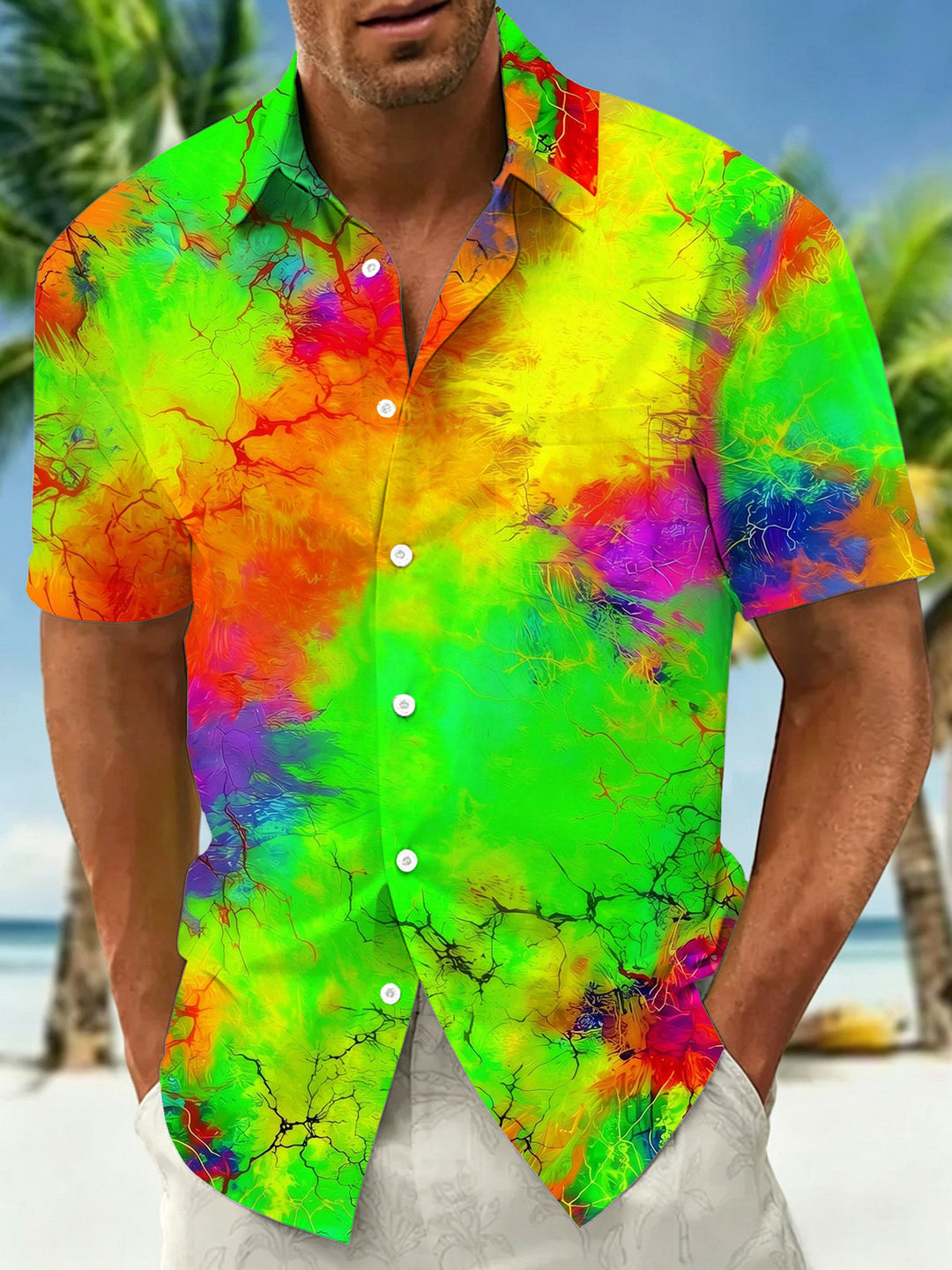 Oceanlyte Men's Tie Dye Neon Fluid Gradient Print Short Sleeve Shirt with Chest Pocket