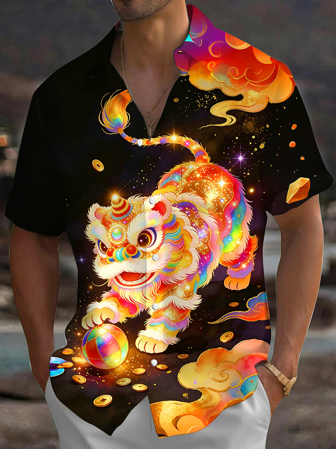 Oceanlyte Men's Graphic Lion Dance Print Short Sleeve Shirt with Chest Pocket