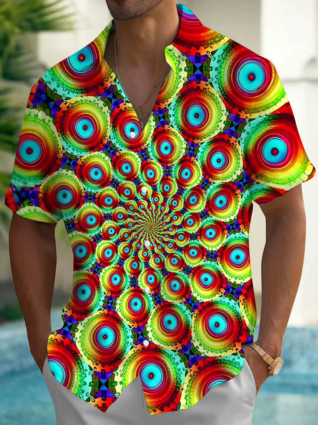 Oceanlyte Men's Colorful Spiral Circles Print Short Sleeve Shirt with Chest Pocket