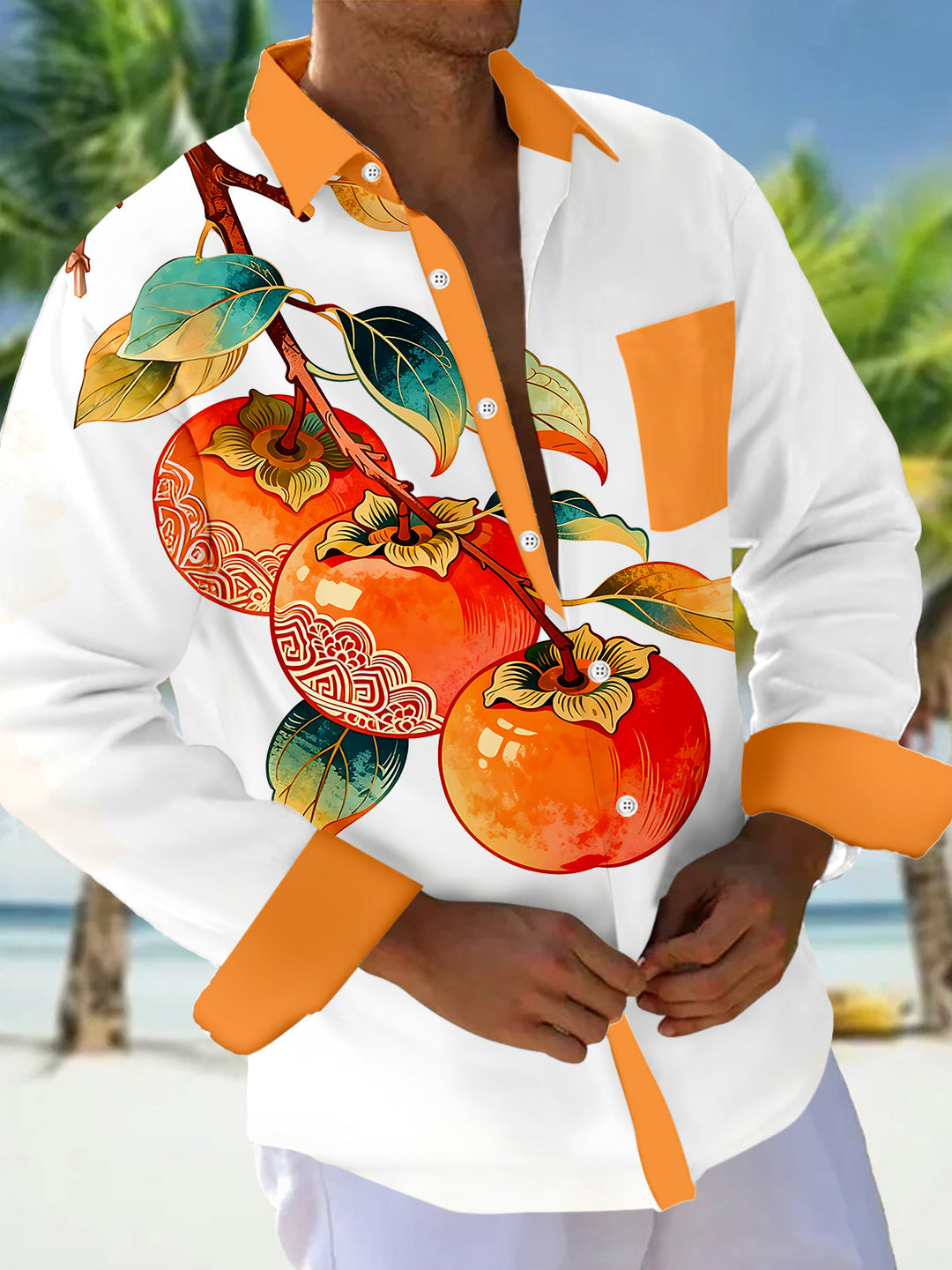 Oceanlyte Men's Graphic Persimmon Fruit Branch Print Long Sleeve Shirt with Chest Pocket