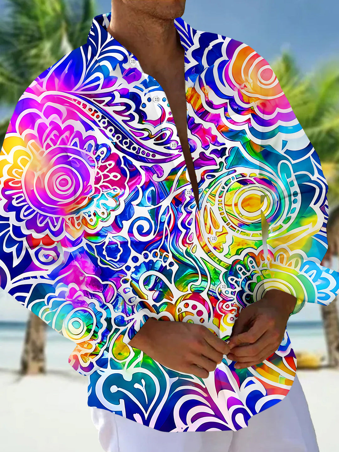 Oceanlyte Men's Colorful Mandala Floral Pattern Long Sleeve Shirt with Chest Pocket