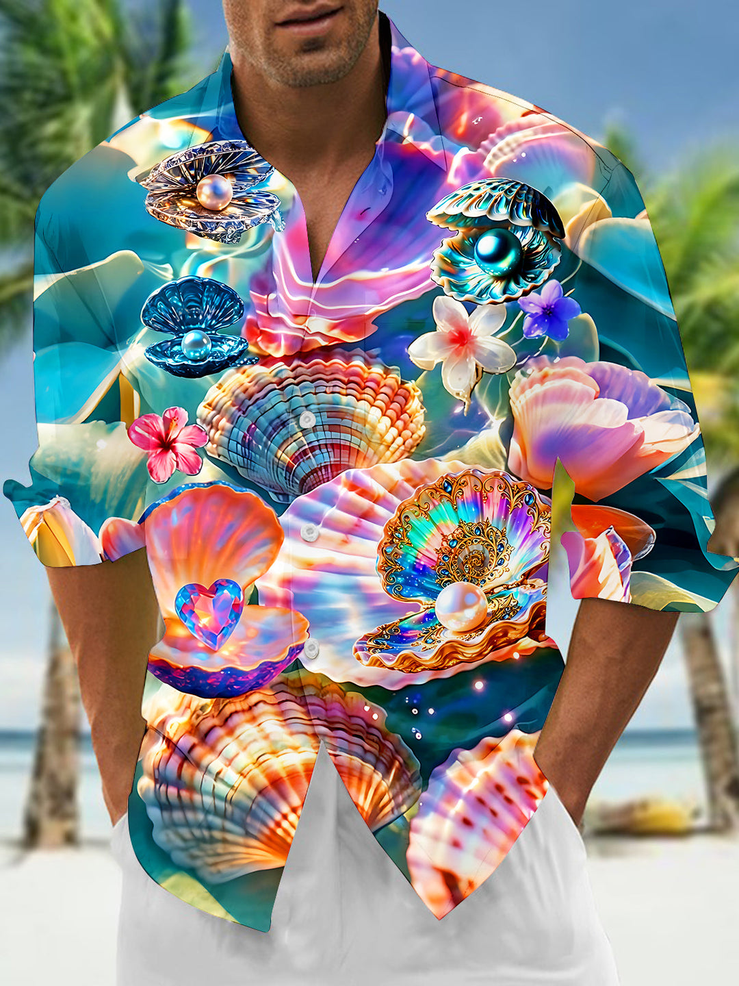 Oceanlyte Men's Hawaiian Pearl Shells Print Long Sleeve Shirt with Chest Pocket