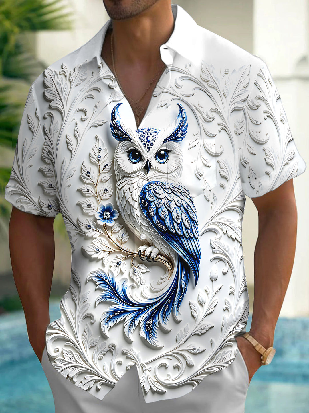 Oceanlyte Men's Graphic 3D Embossed Owl Print Short Sleeve Shirt with Chest Pocket