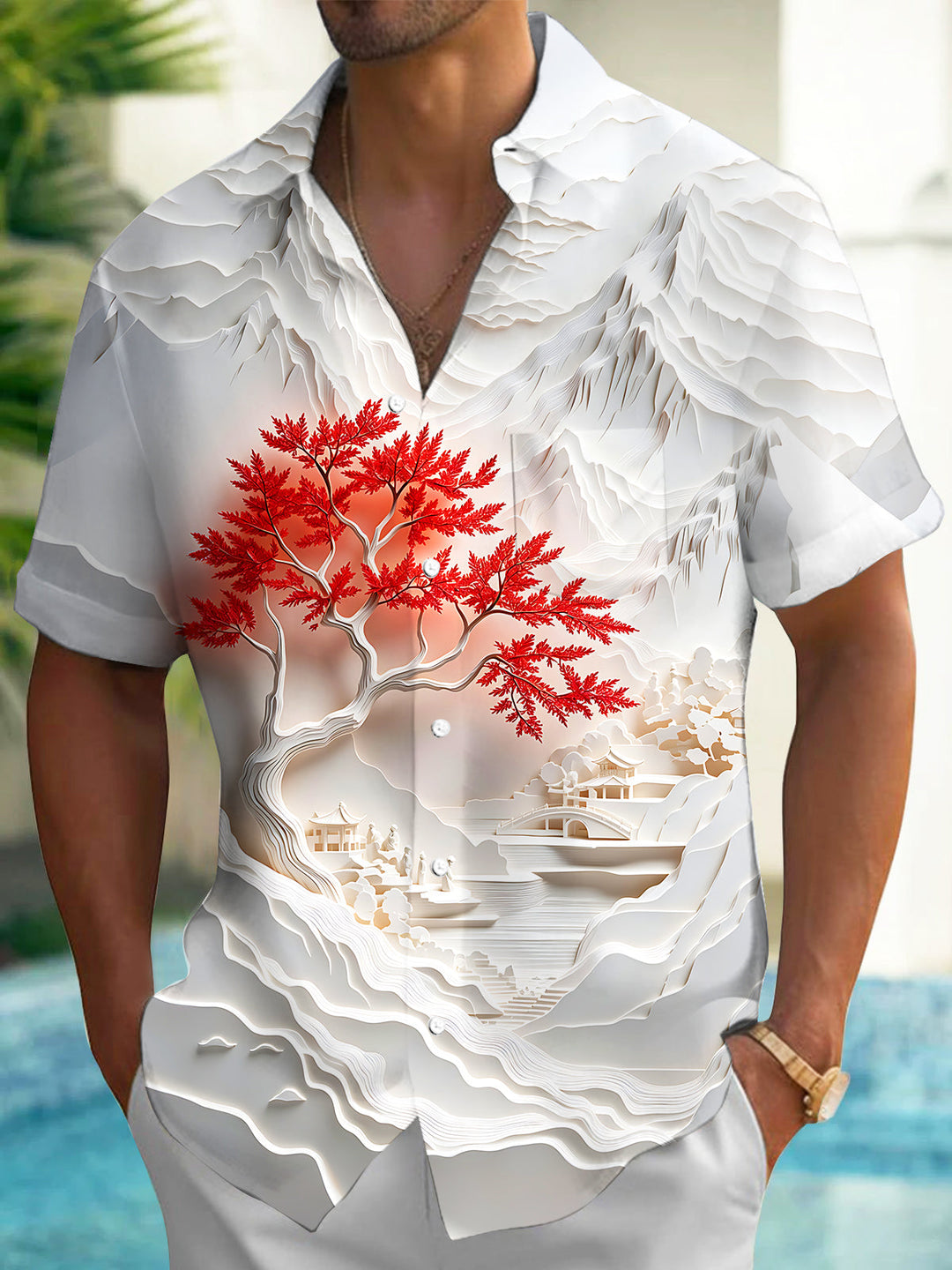Oceanlyte Men's Graphic 3D Paper Cut Landscape Print Short Sleeve Shirt with Chest Pocket