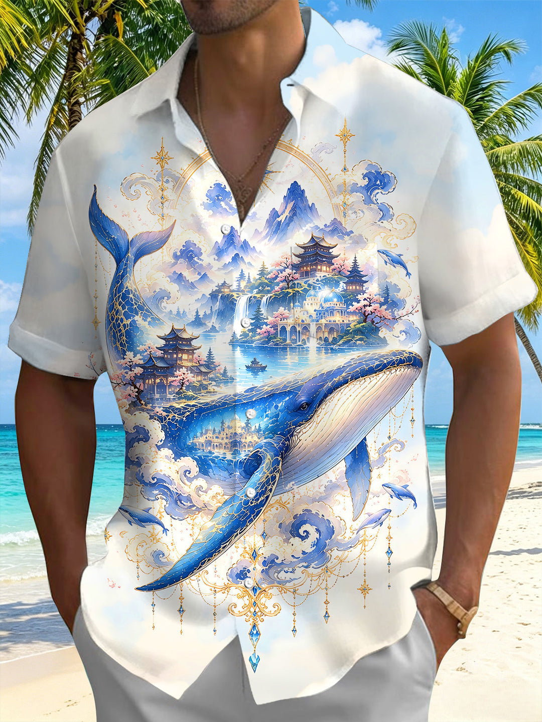 Oceanlyte Men's Hawaiian Whale Print Short Sleeve Shirt with Chest Pocket
