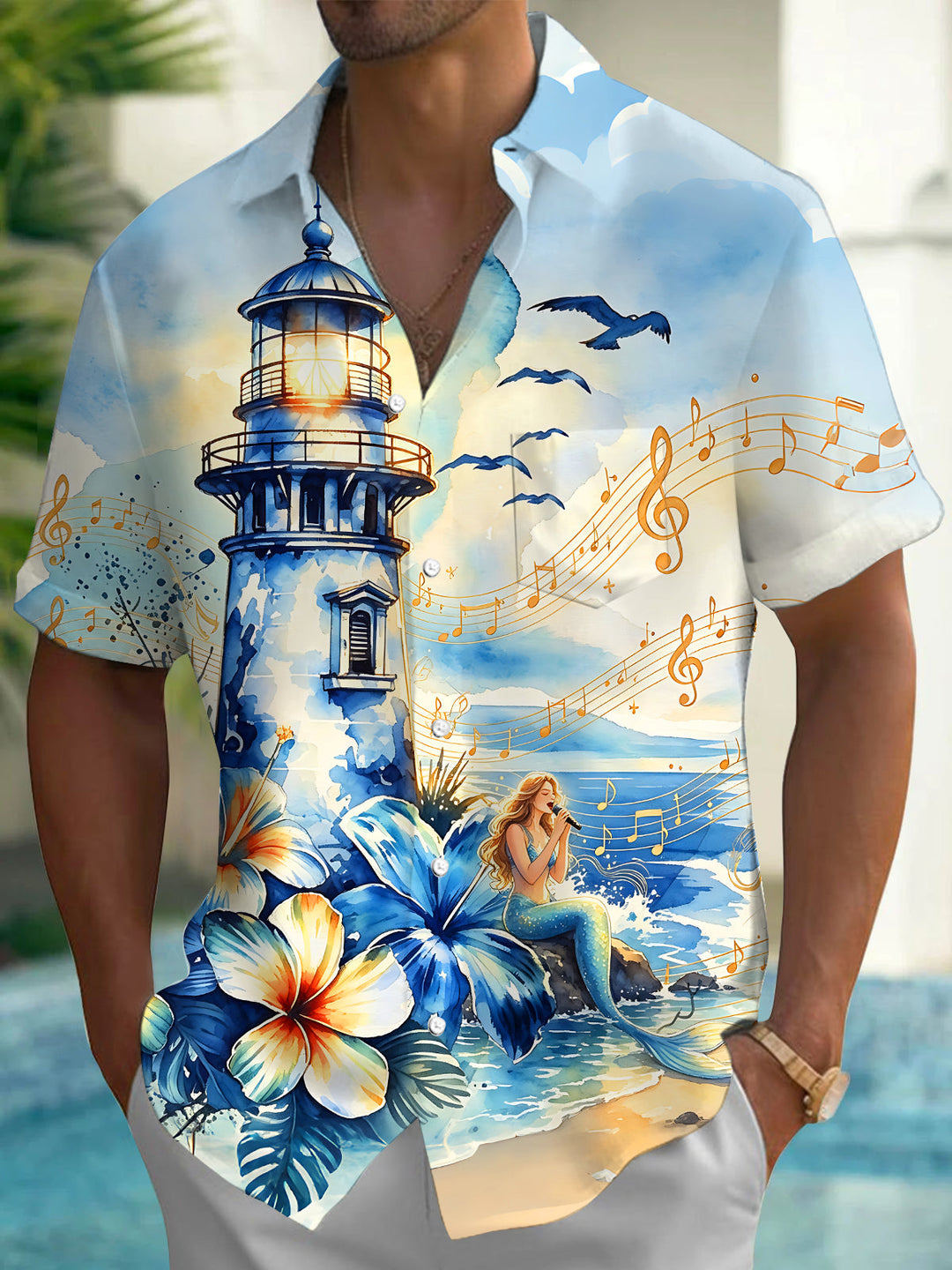 Oceanlyte Men's Hawaiian Lighthouse Print Short Sleeve Shirt with Chest Pocket