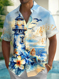 Oceanlyte Men's Hawaiian Lighthouse Print Short Sleeve Shirt with Chest Pocket