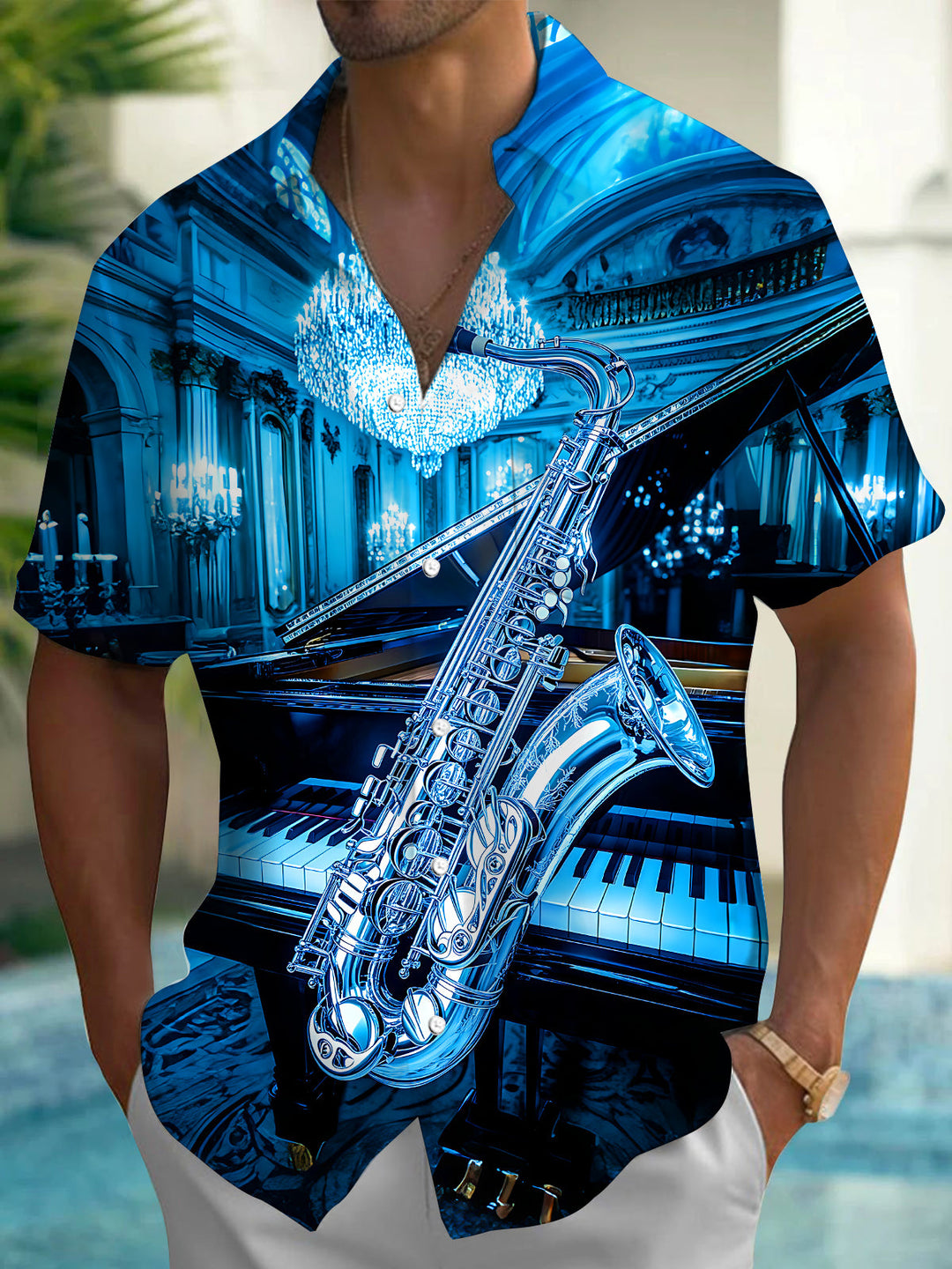 Oceanlyte Men's Graphic Saxophone And Piano Print Short Sleeve Shirt with Chest Pocket