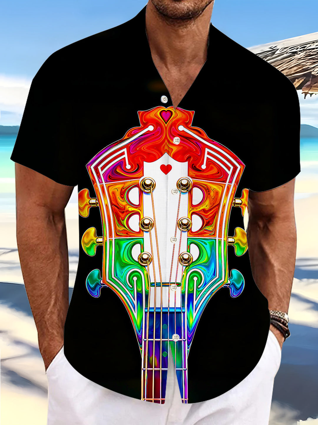 Oceanlyte Men's Colorful Guitar Headstock Print Short Sleeve Shirt with Chest Pocket