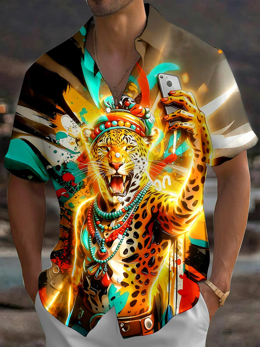 Oceanlyte Men's Graphic Tribal Leopard Selfie Print Short Sleeve Shirt with Chest Pocket