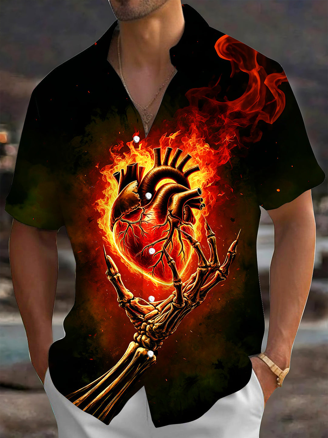 Oceanlyte Men's Graphic Skeleton Hand Print Short Sleeve Shirt with Chest Pocket