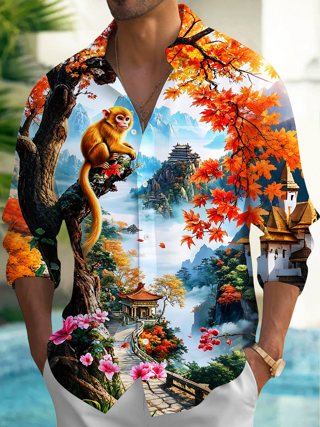 Oceanlyte Men's Graphic Autumn Maple Landscape Print Long Sleeve Shirt with Chest Pocket