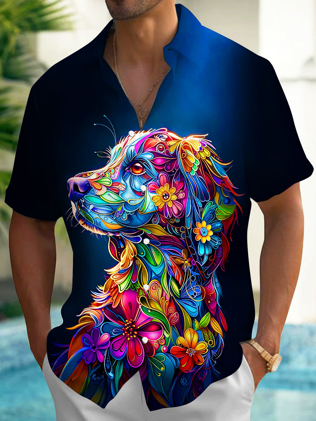 Oceanlyte Men's Colorful Floral Dog Portrait Print Short Sleeve Shirt with Chest Pocket