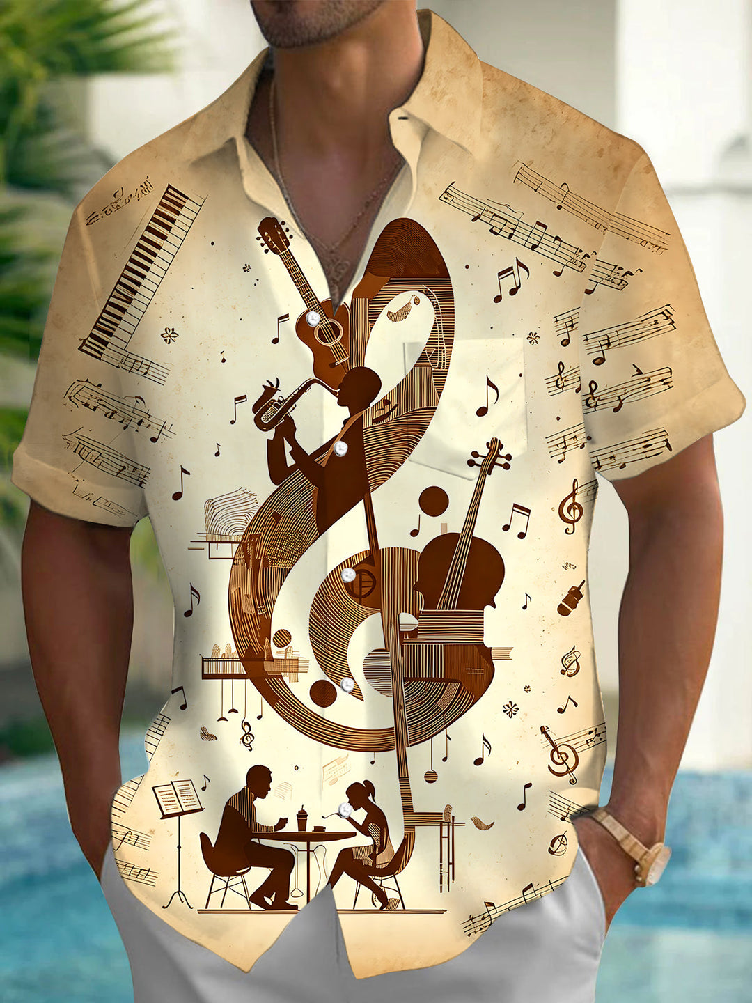 Oceanlyte Men's Musical Note Treble Clef Print Short Sleeve Shirt with Chest Pocket