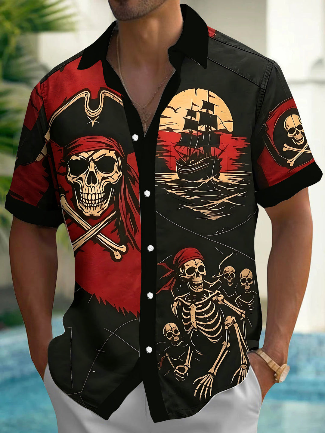 Oceanlyte Men's Graphic Pirate Skull Print Short Sleeve Shirt with Chest Pocket