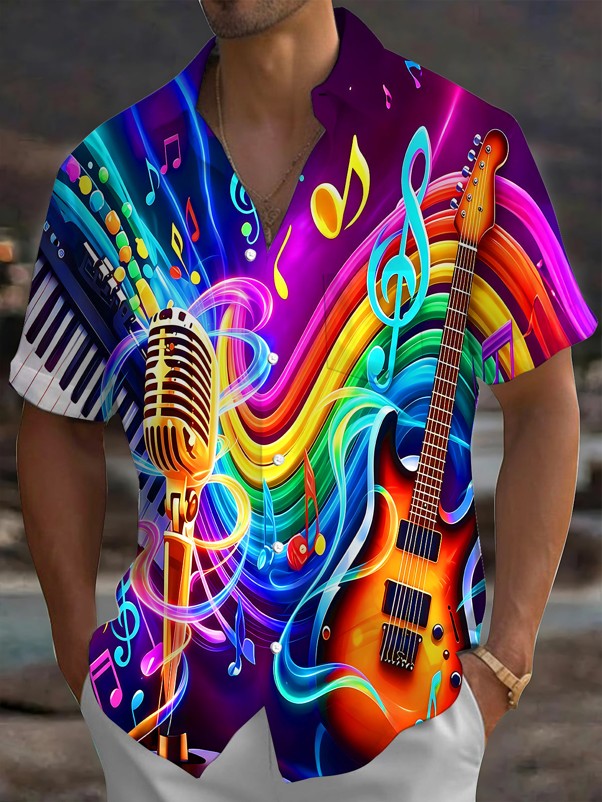 Oceanlyte Men's Graphic Musical Instruments Print Short Sleeve Shirt with Chest Pocket