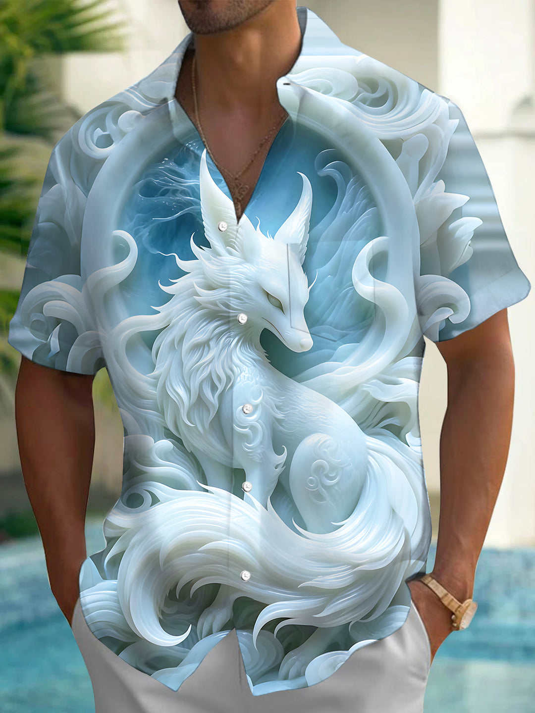 Oceanlyte Men's Graphic Nine-tailed Spirit Fox Print Short Sleeve Shirt with Chest Pocket