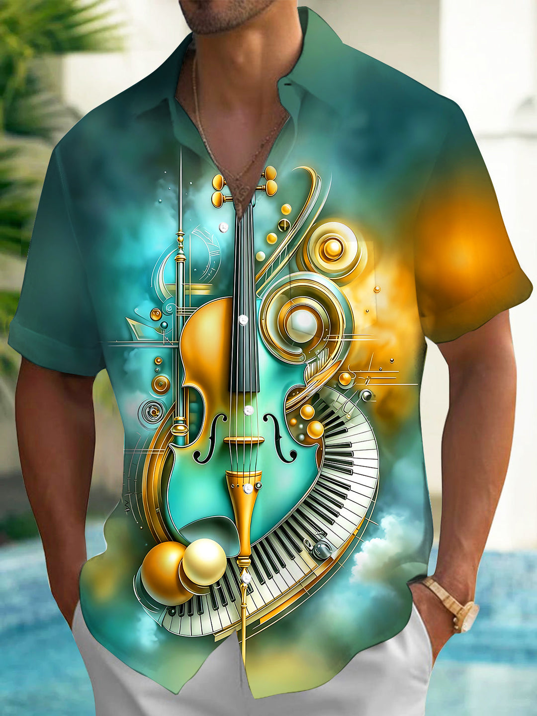 Oceanlyte Men's Violin And Piano Keyboard Art Print Short Sleeve Shirt with Chest Pocket