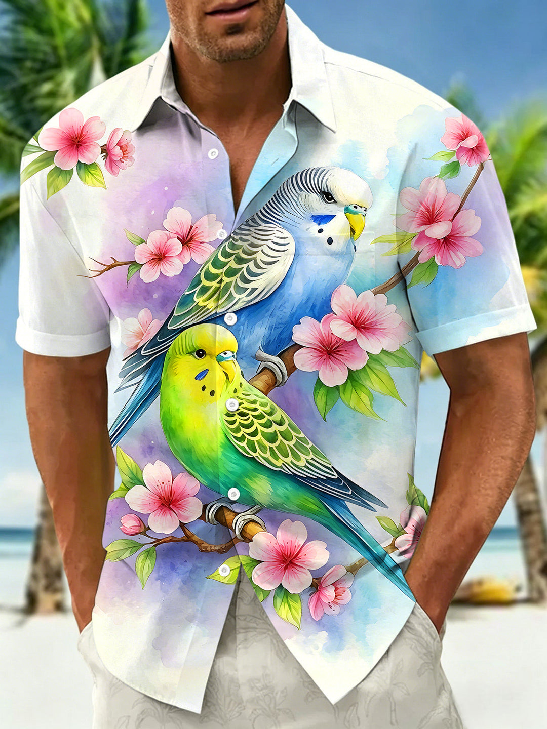 Oceanlyte Men's Hawaiian Watercolor Budgies Print Short Sleeve Shirt with Chest Pocket