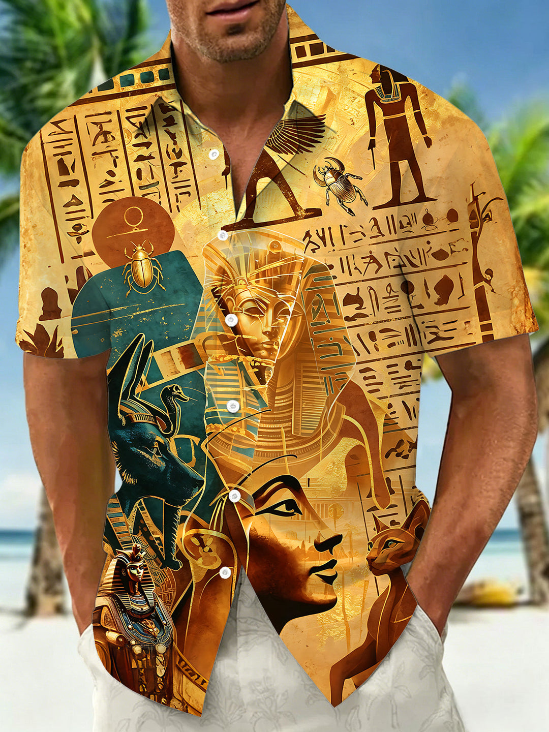 Oceanlyte Men's Ancient Egyptian Pharaoh Print Short Sleeve Shirt with Chest Pocket