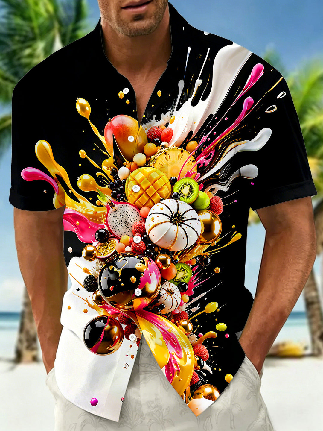 Oceanlyte Men's Graphic Fruit Fluid Splash Print Short Sleeve Shirt with Chest Pocket
