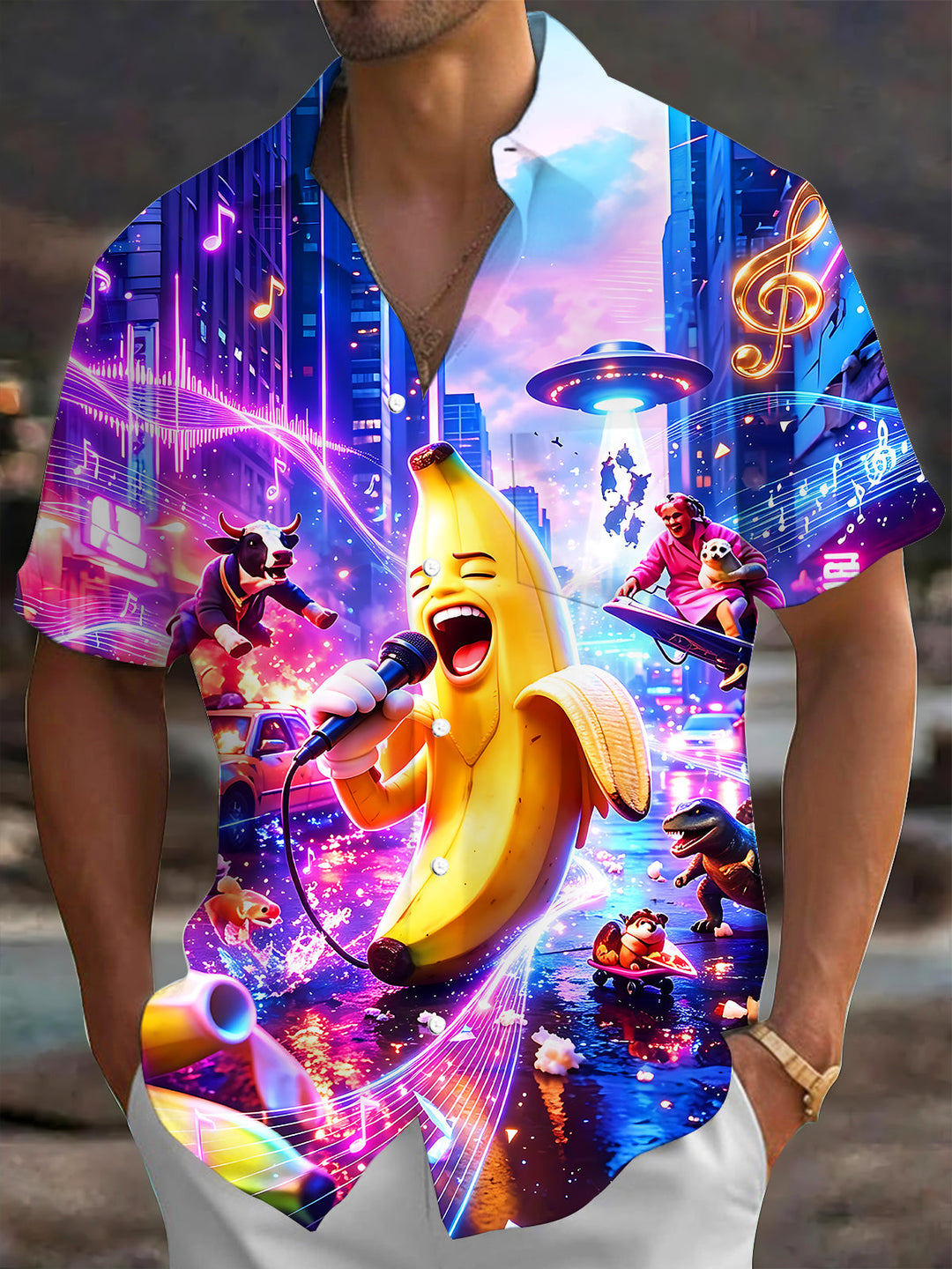 Oceanlyte Men's Graphic Singing Banana Print Short Sleeve Shirt with Chest Pocket