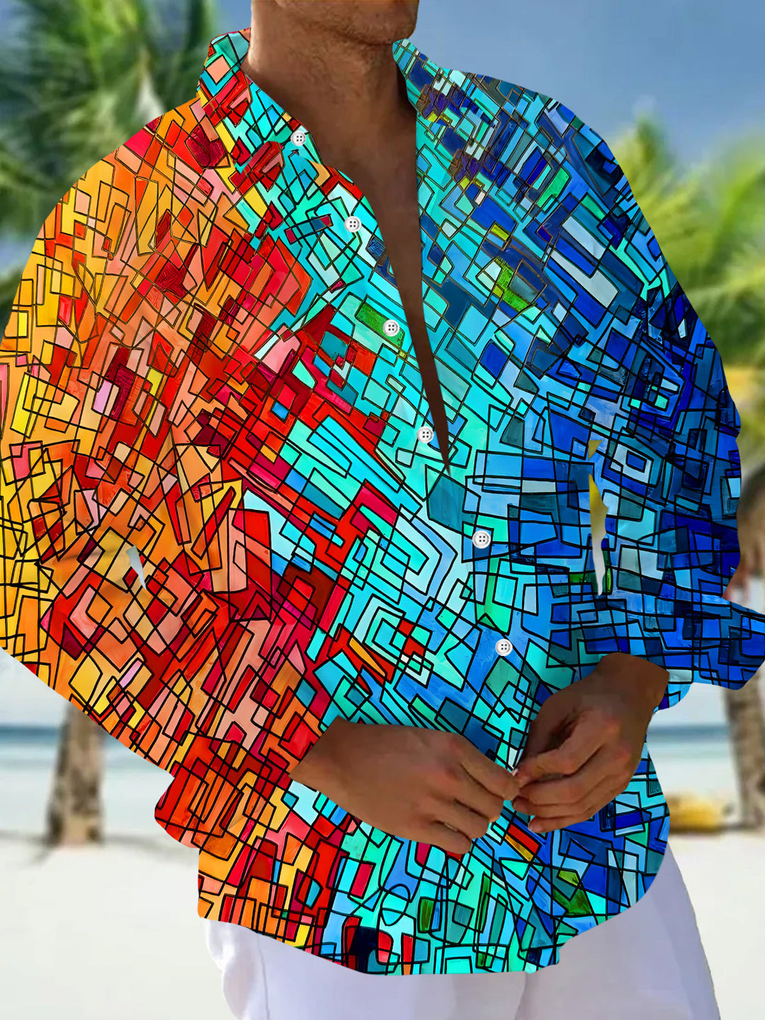 Oceanlyte Men's Graphic Stained Glass Mosaic Print Long Sleeve Shirt with Chest Pocket