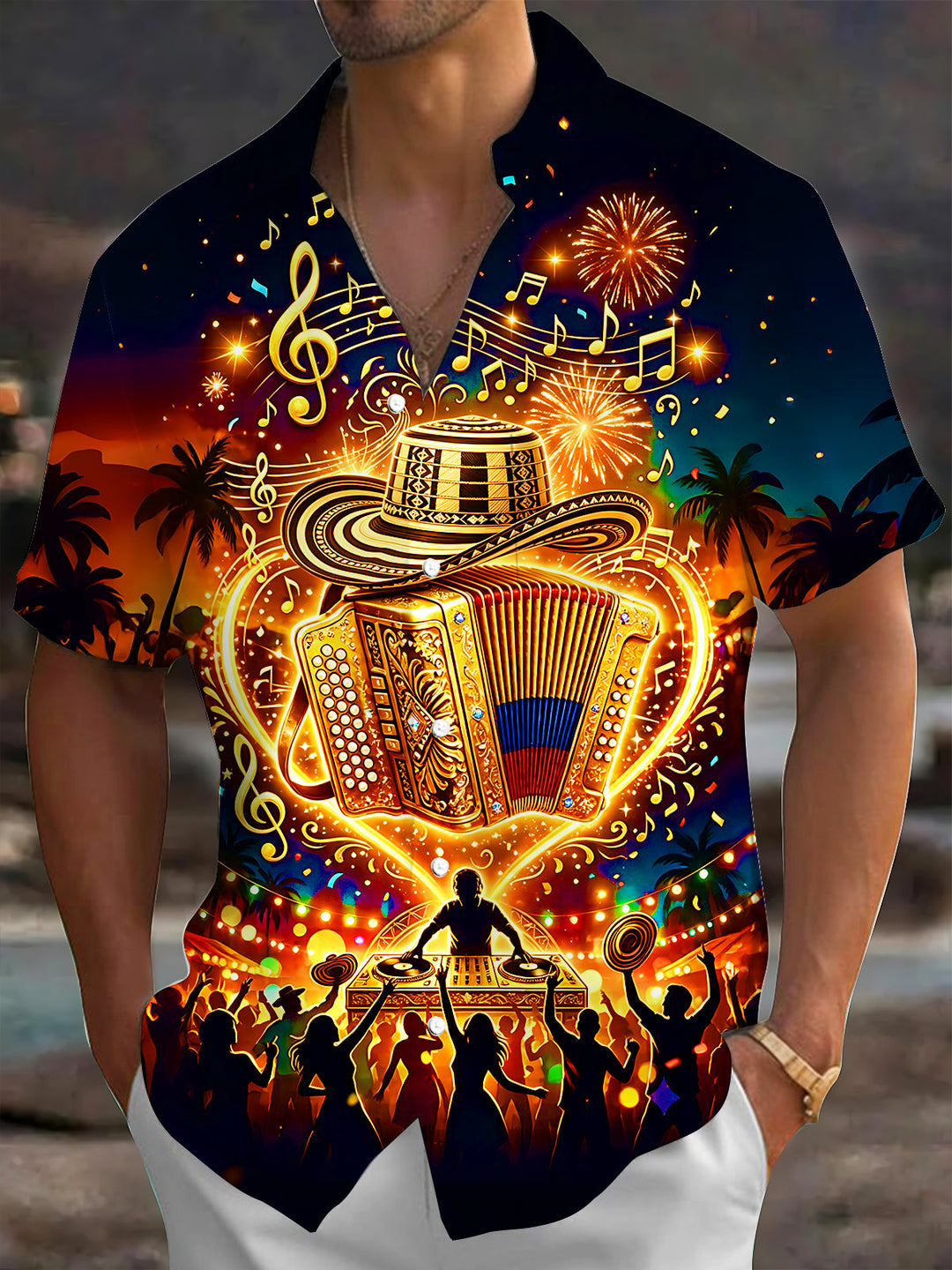 Oceanlyte Men's Accordion And Sombrero Print Short Sleeve Shirt with Chest Pocket