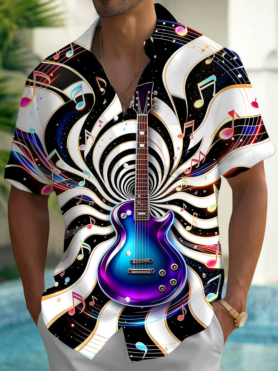 Oceanlyte Men's Graphic Electric Guitar Print Short Sleeve Shirt with Chest Pocket