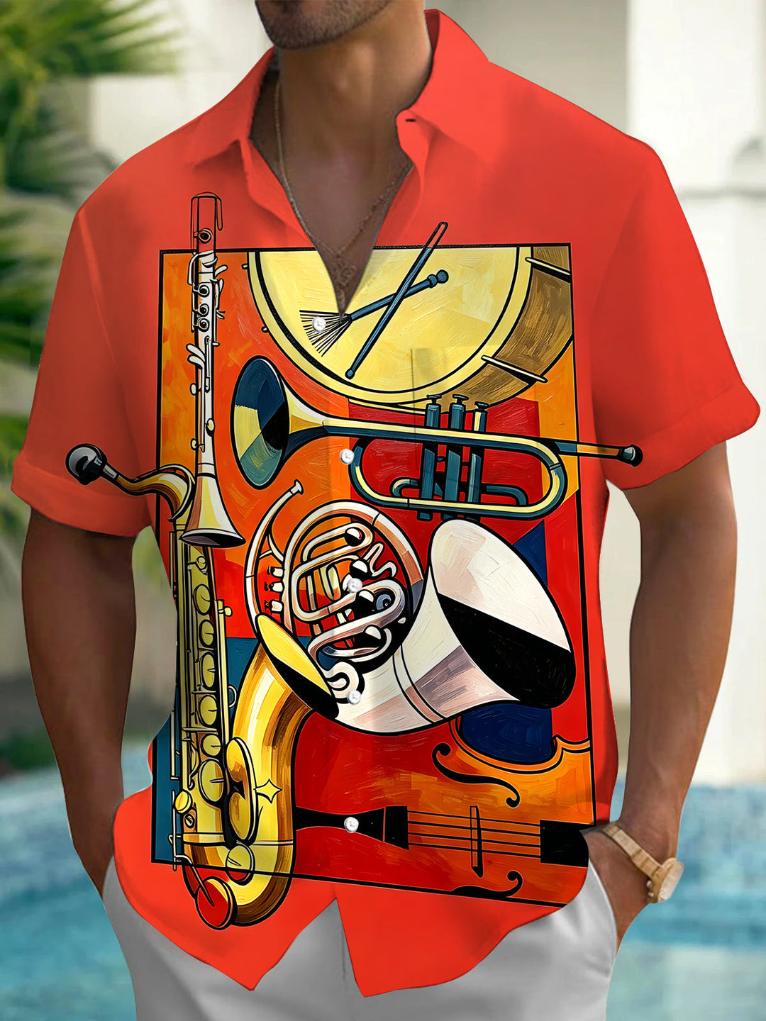 Oceanlyte Men's Musical Instruments Collage Print Short Sleeve Shirt with Chest Pocket