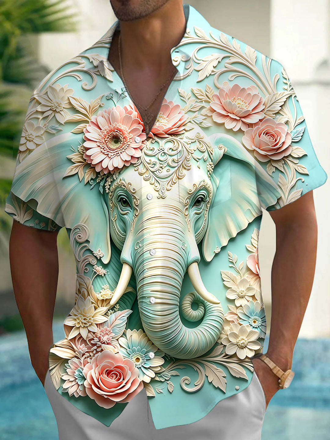 Oceanlyte Men's Hawaiian Elephant Relief Print Short Sleeve Shirt with Chest Pocket